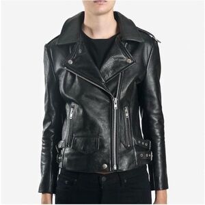 OAK BLACK LEATHER MOTO WO045-L001 SLOUCH RIDER CAFE RACER BIKER ZIP JACKET